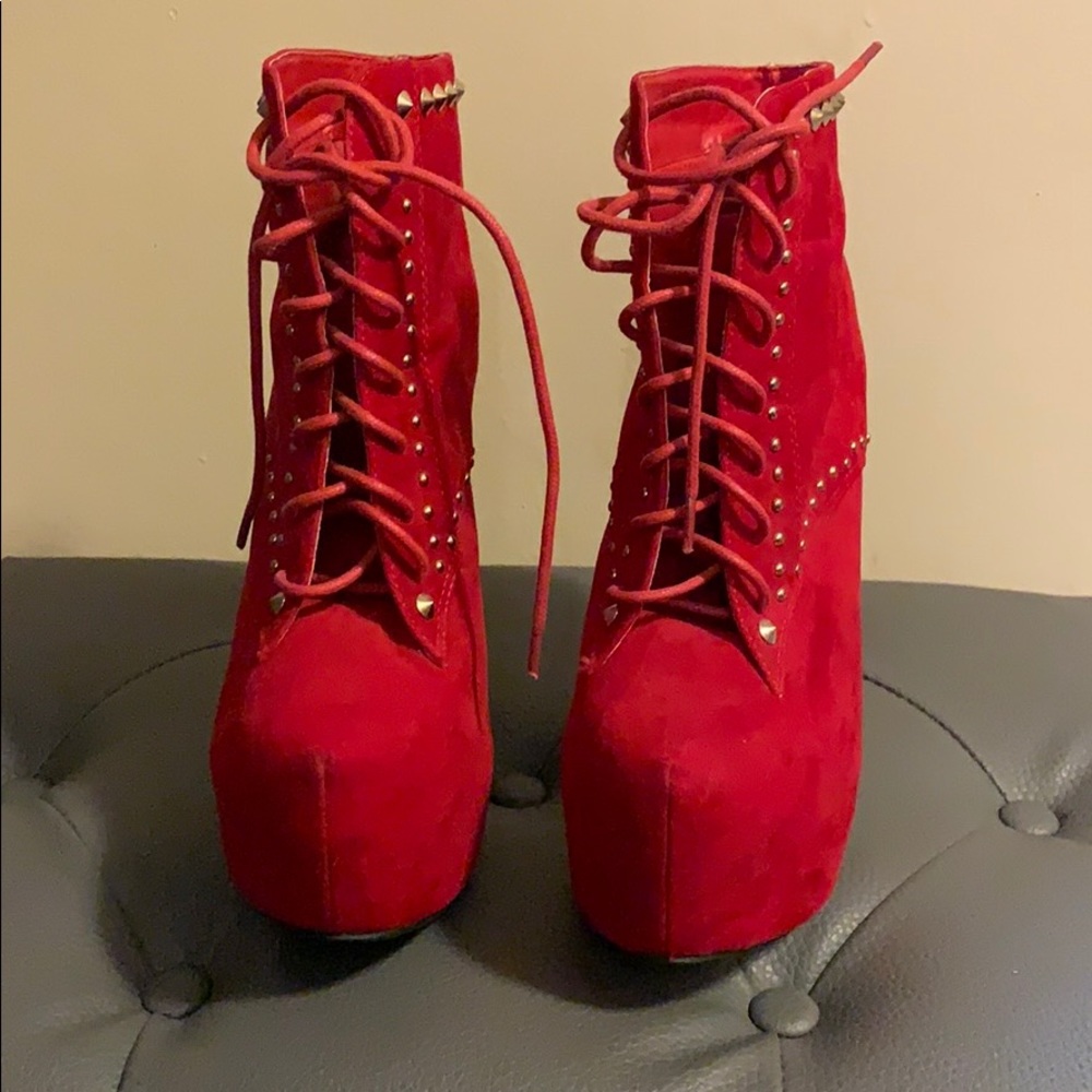 Unsensored Red Heeled Booties w/ Gold Spikes